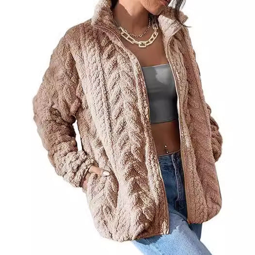 Textured cable-pattern fleece zip-up jacket with stand collar in blush tan