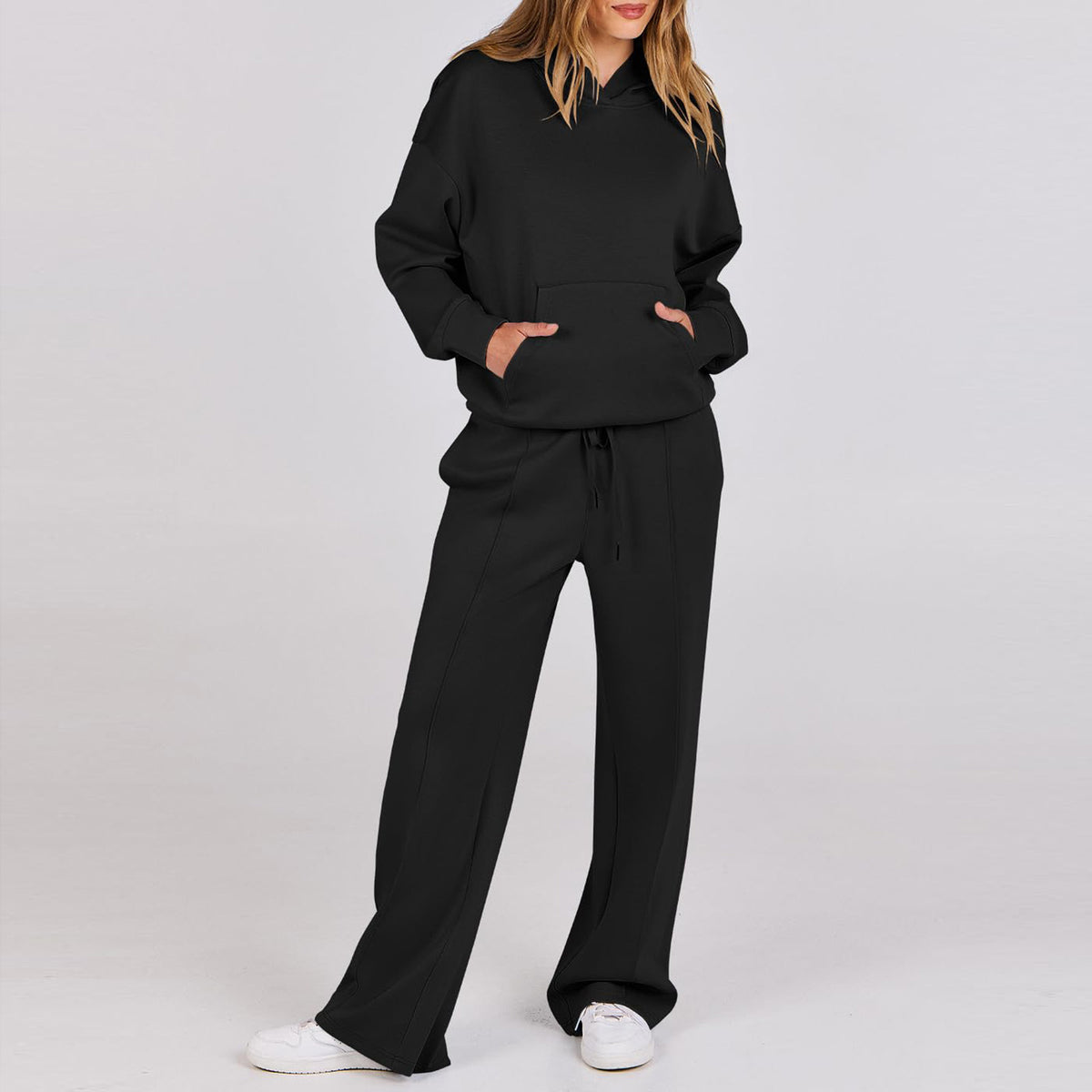 Drawstring hoodie and wide-leg pants lounge set in black, full-length front view
