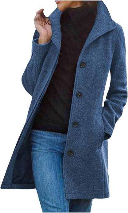 Mid-length single-breasted lapel coat in denim blue, front view