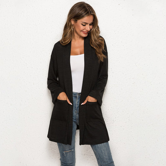 Black longline open-front cardigan with patch pockets, front view