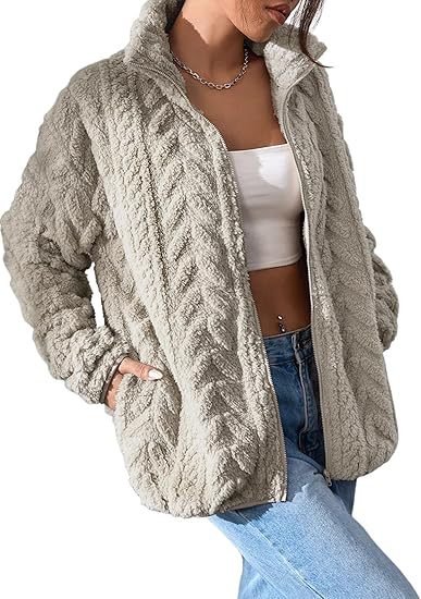 Textured cable-pattern fleece zip-up jacket with stand collar in oatmeal
