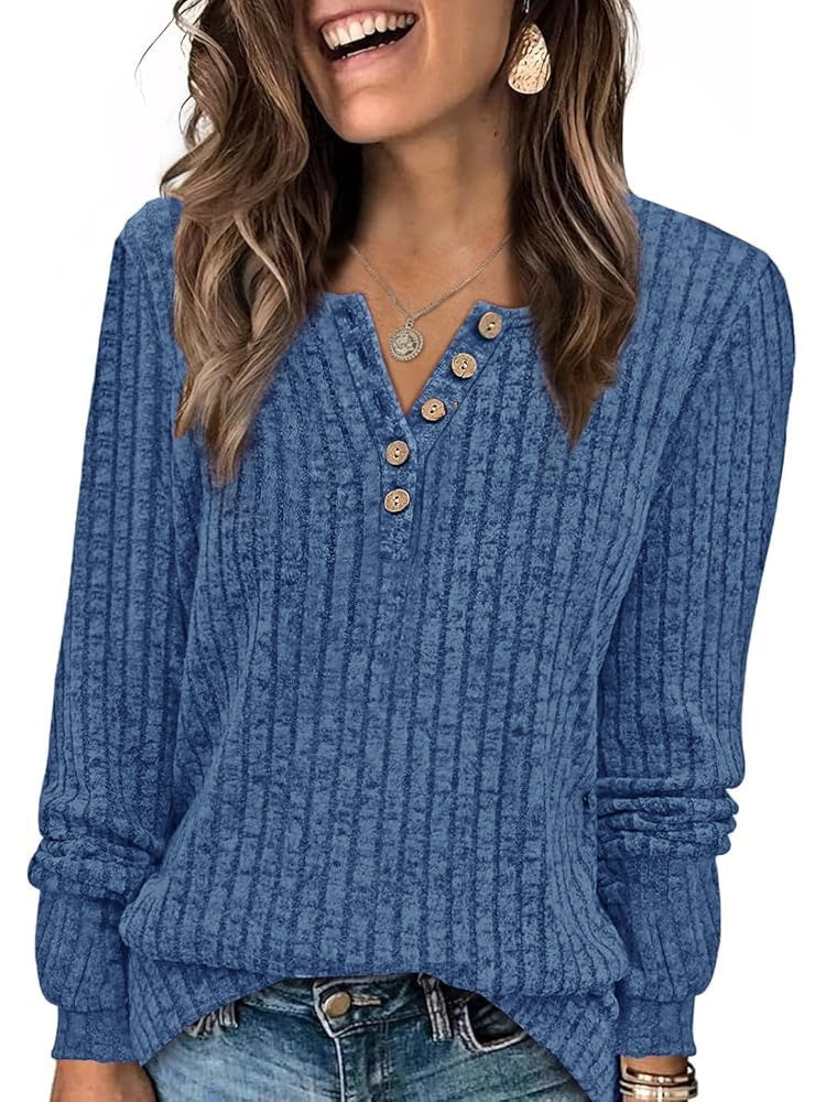 Ribbed long-sleeve button-neck top in denim blue, worn with jeans