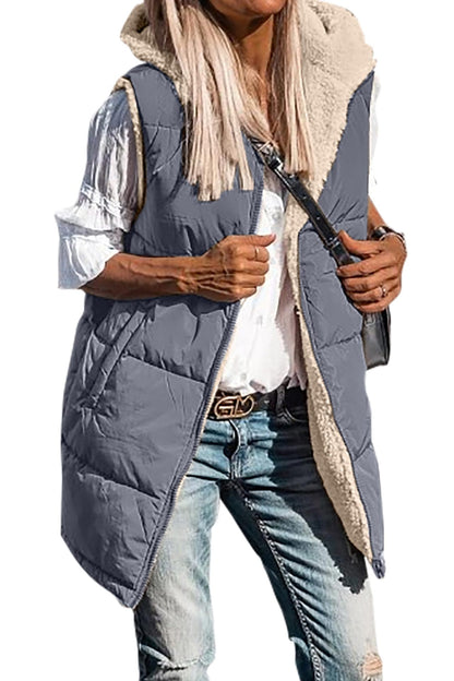 Long quilted hooded vest with soft sherpa lining in slate blue