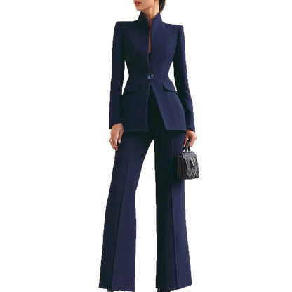 Navy stand-collar blazer and flare pants set on a white background