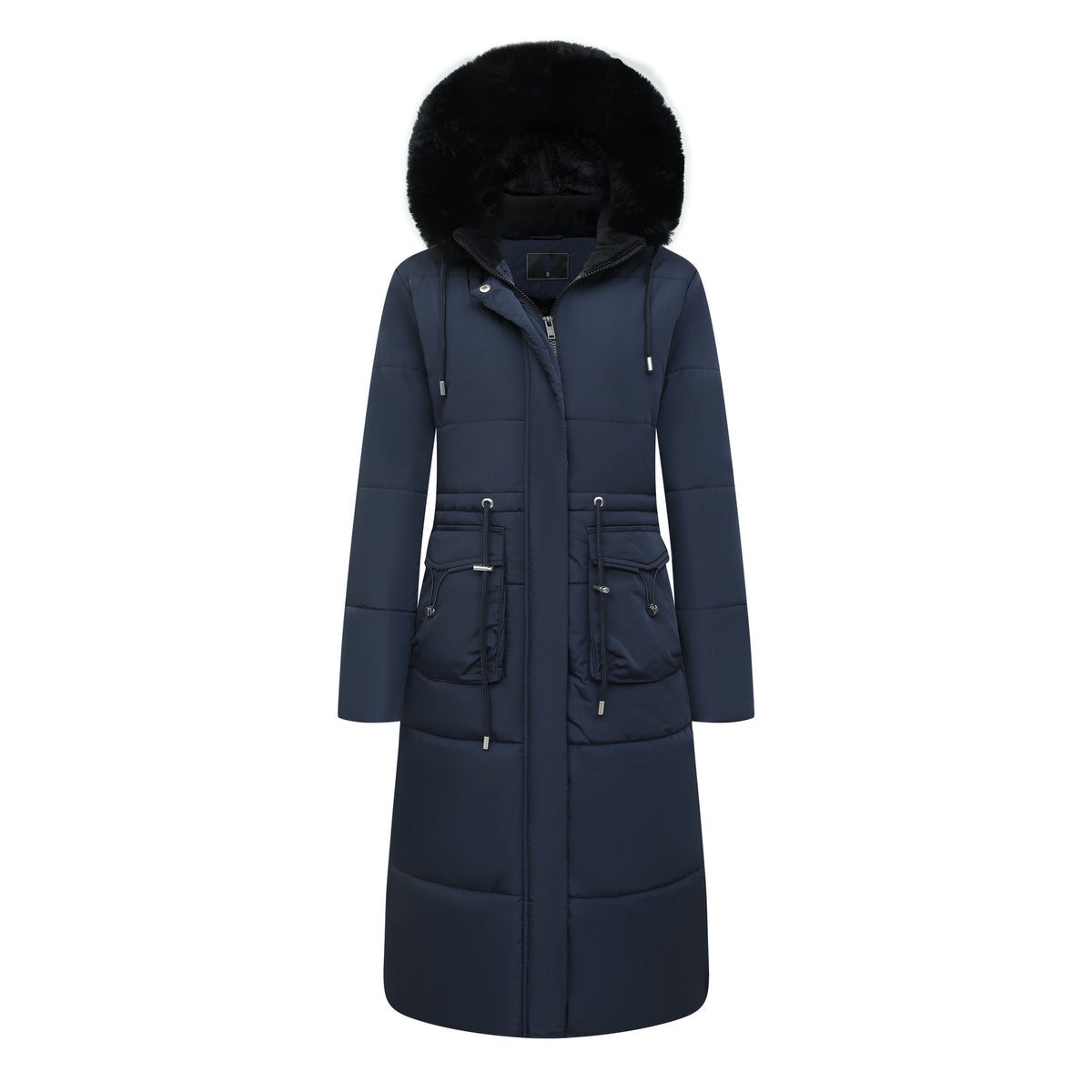 Long padded hooded coat with faux fur trim and cinched waist in navy