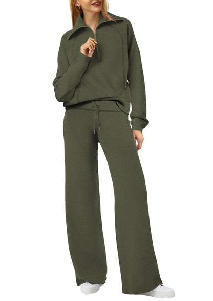 Harlow half-zip pullover and wide-leg pants lounge set in olive green