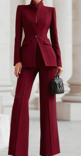 Burgundy stand-collar fitted blazer and flare pants set, front view