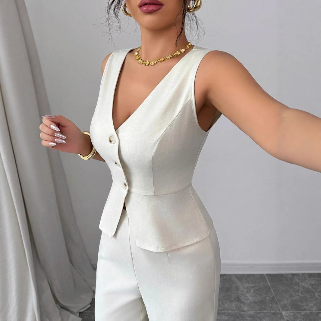 Open sleeveless button-front vest top and wide-leg pants set in ivory, vest top close-up