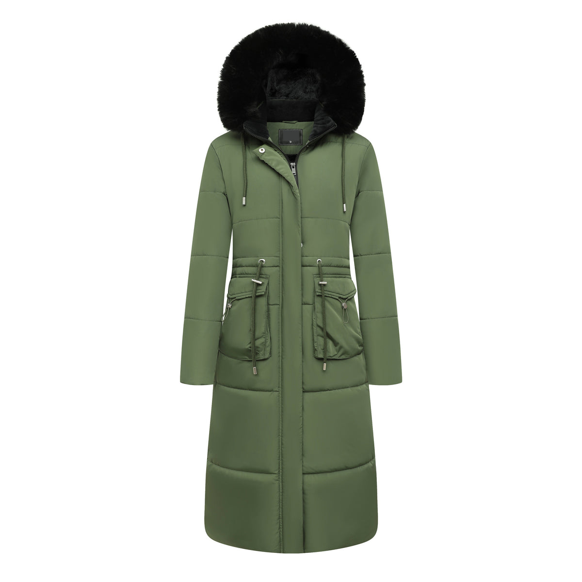Long padded hooded coat with faux fur trim and cinched waist in olive green