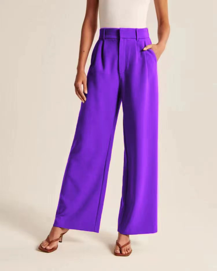 High-waist pleated wide-leg pants in violet, front view
