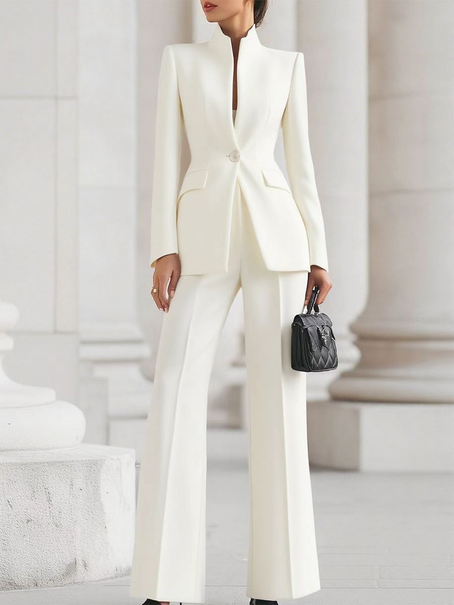 Ivory stand-collar fitted blazer and flare pants set, front view