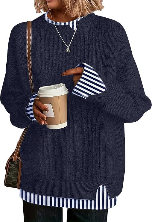 Double-layer crewneck sweater in navy with striped layered cuffs and hem, front view