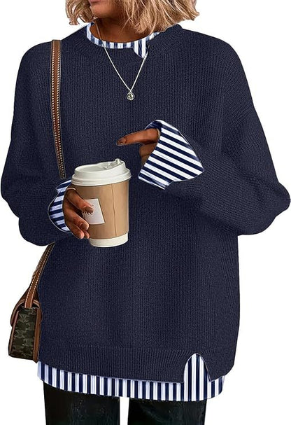 Double-layer crewneck sweater in navy with striped layered cuffs and hem, front view