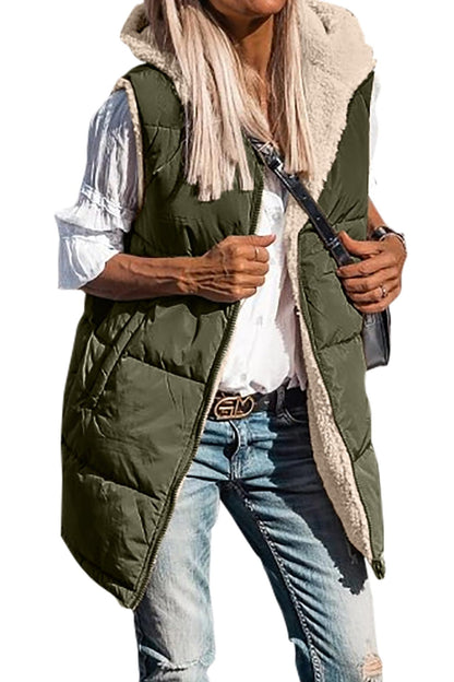 Long quilted hooded vest with soft sherpa lining in olive green
