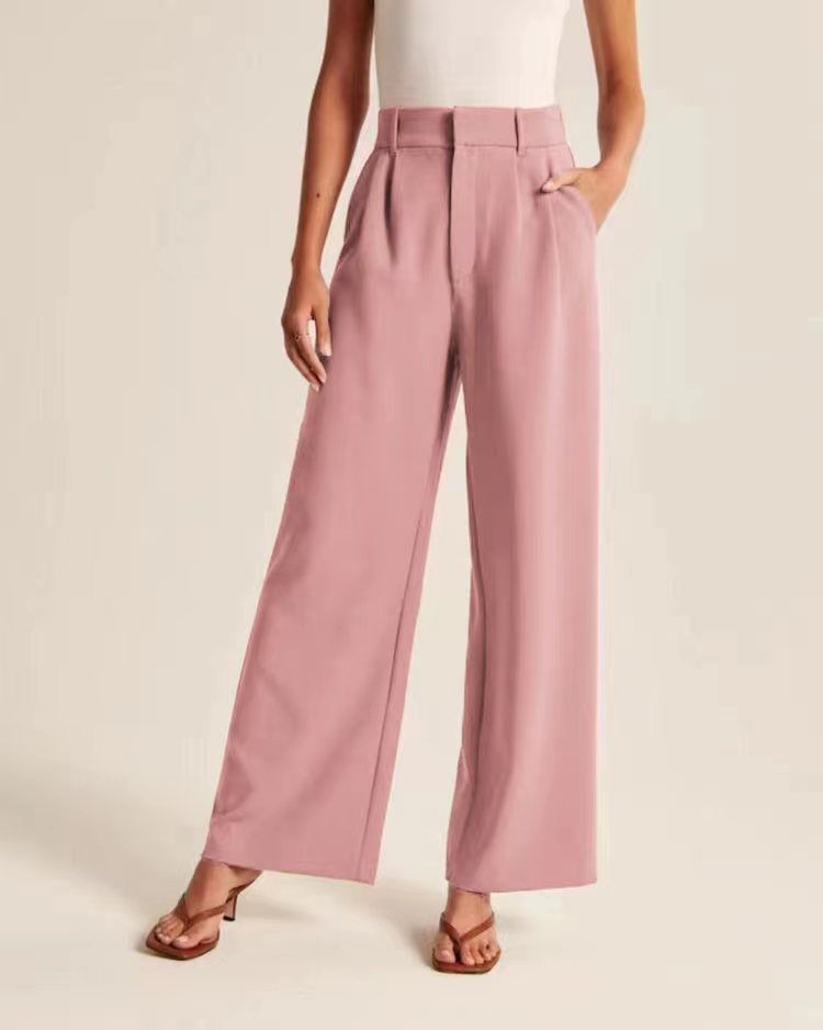 High-waist pleated wide-leg pants in dusty pink, front view