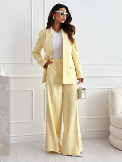Butter yellow blazer and wide-leg pants set, front view