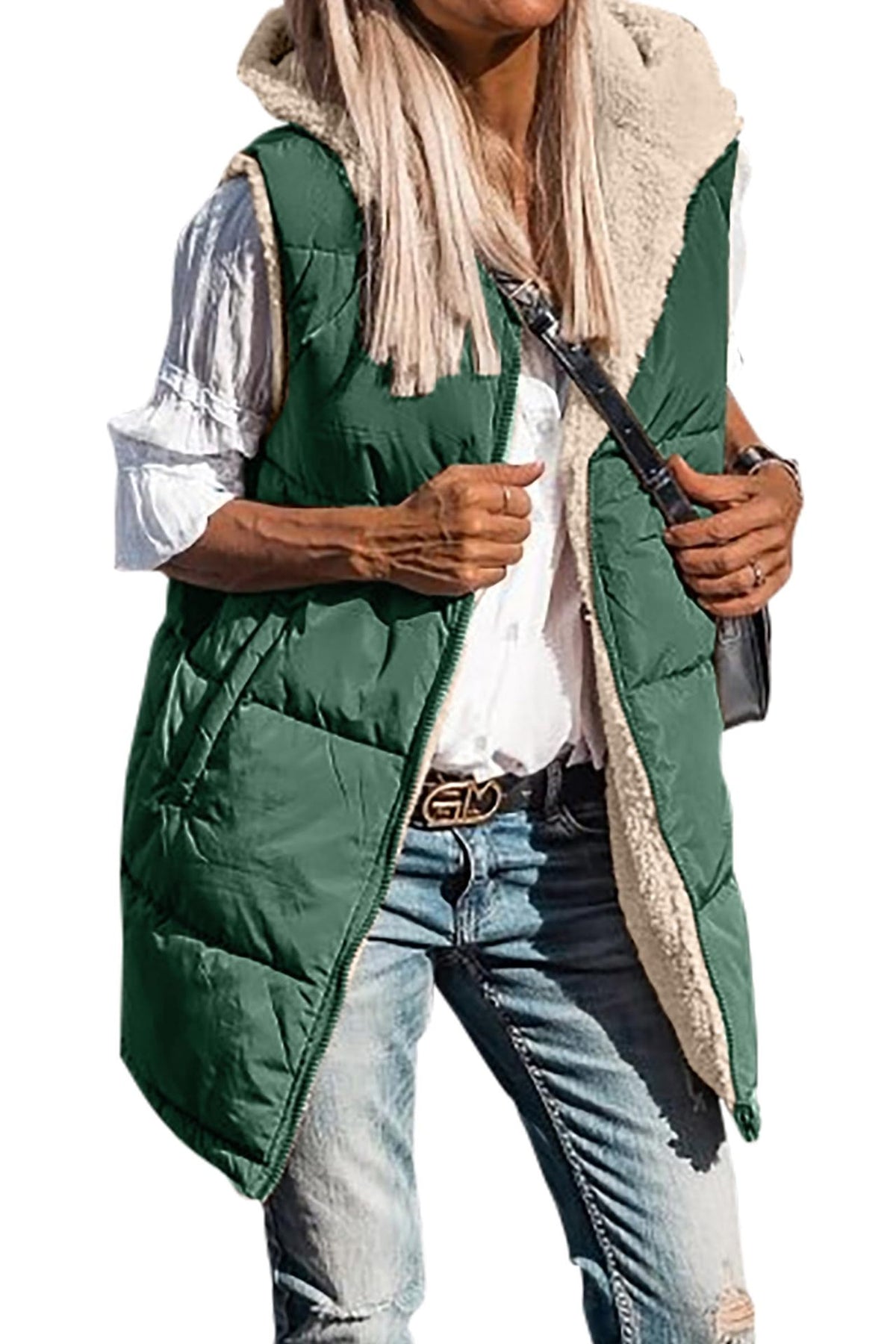 Long quilted hooded vest with soft sherpa lining in green