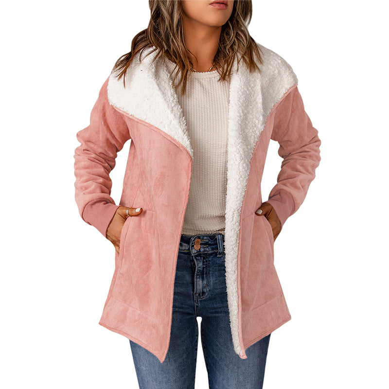 Suede-look open-front coat with sherpa-lined lapel in pink, front view