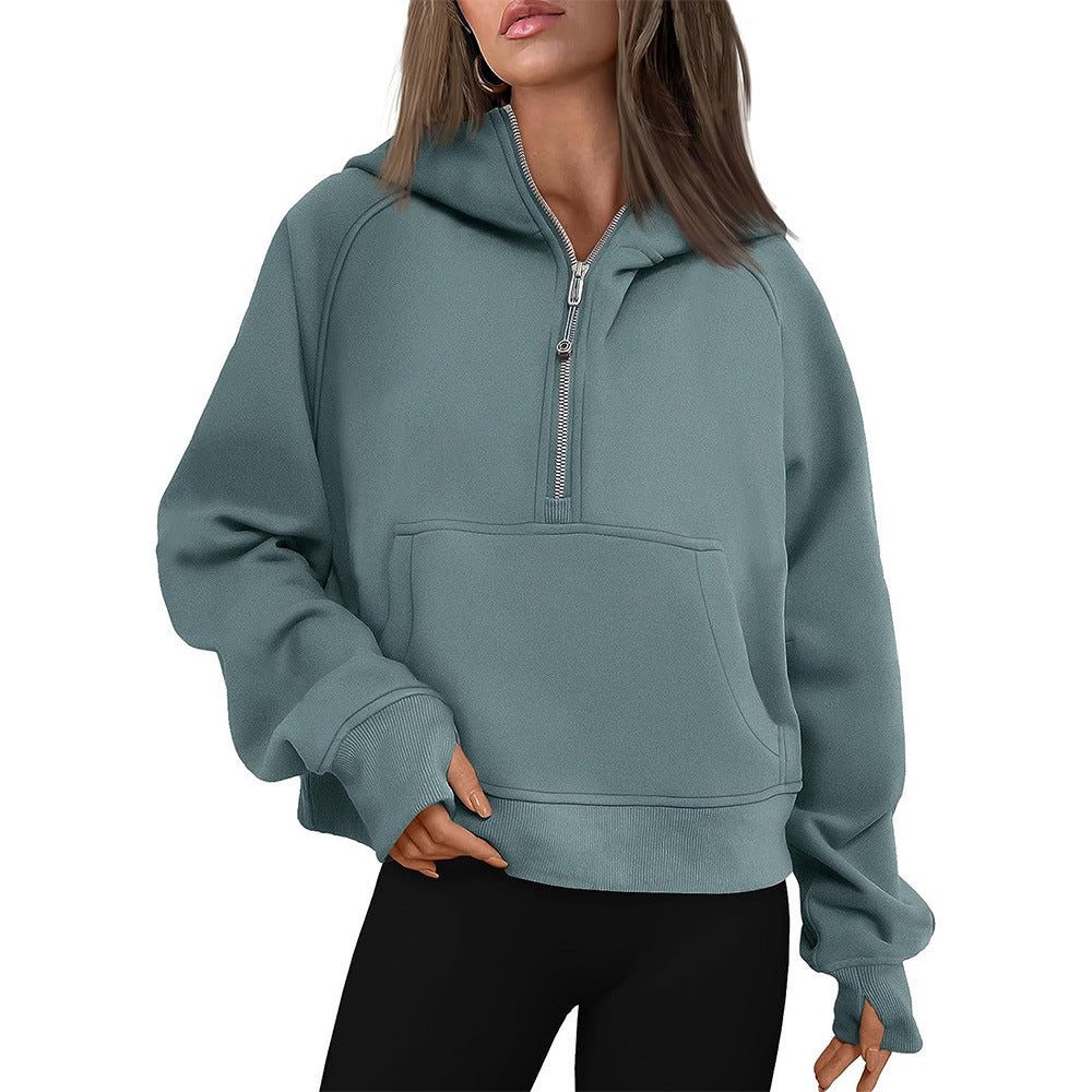 Cropped half-zip hoodie with front pocket and thumbholes in teal blue-gray