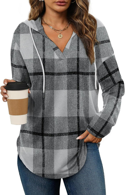 Plaid V-neck hooded long-sleeve top with drawstring in gray