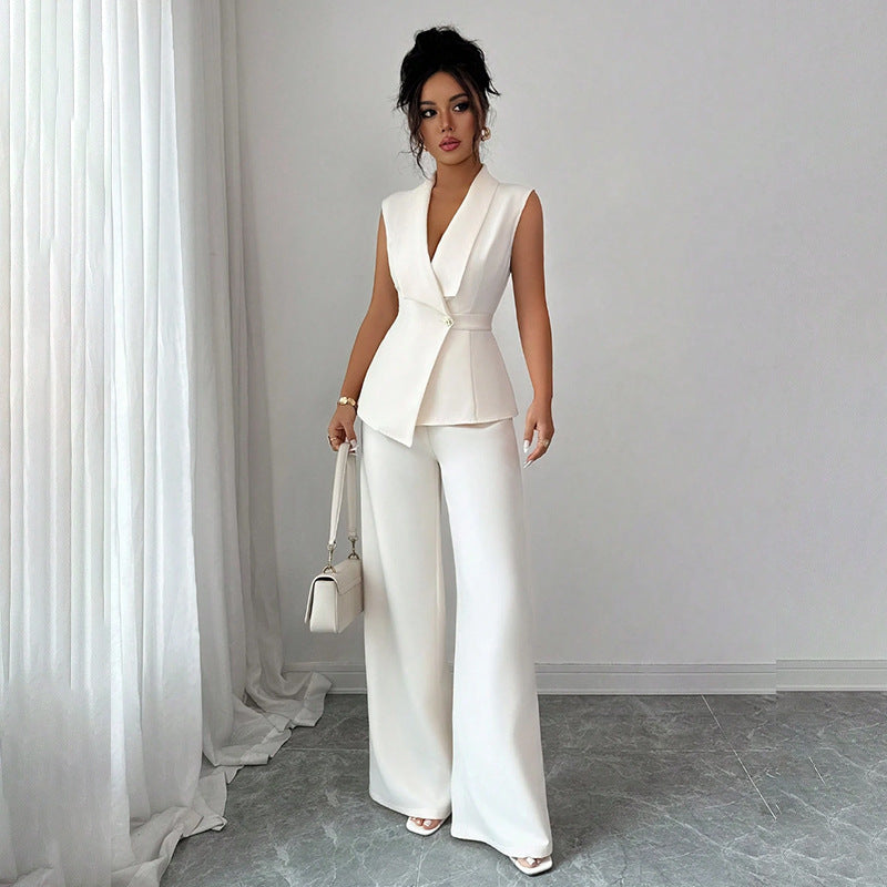 Sleeveless blazer top and wide-leg pants set in ivory, front view