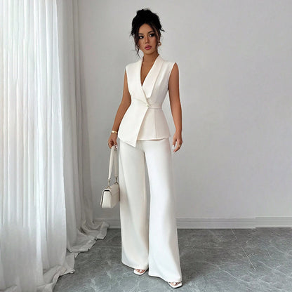 Sleeveless blazer top and wide-leg pants set in ivory, front view