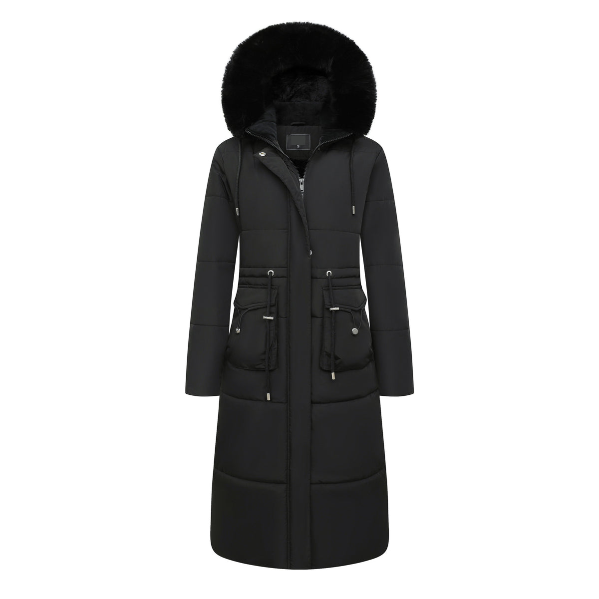 Long padded hooded coat with faux fur trim and cinched waist in black