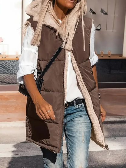Long quilted hooded vest with soft sherpa lining in brown