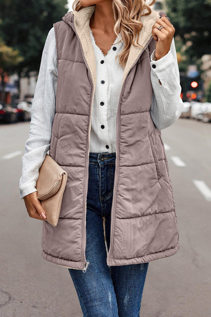 Taupe long quilted hooded vest with sherpa lining