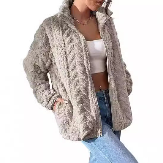 Textured cable-pattern fleece zip-up jacket with stand collar in light taupe