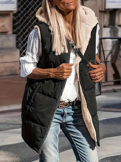 Black long quilted hooded vest with sherpa lining, worn open