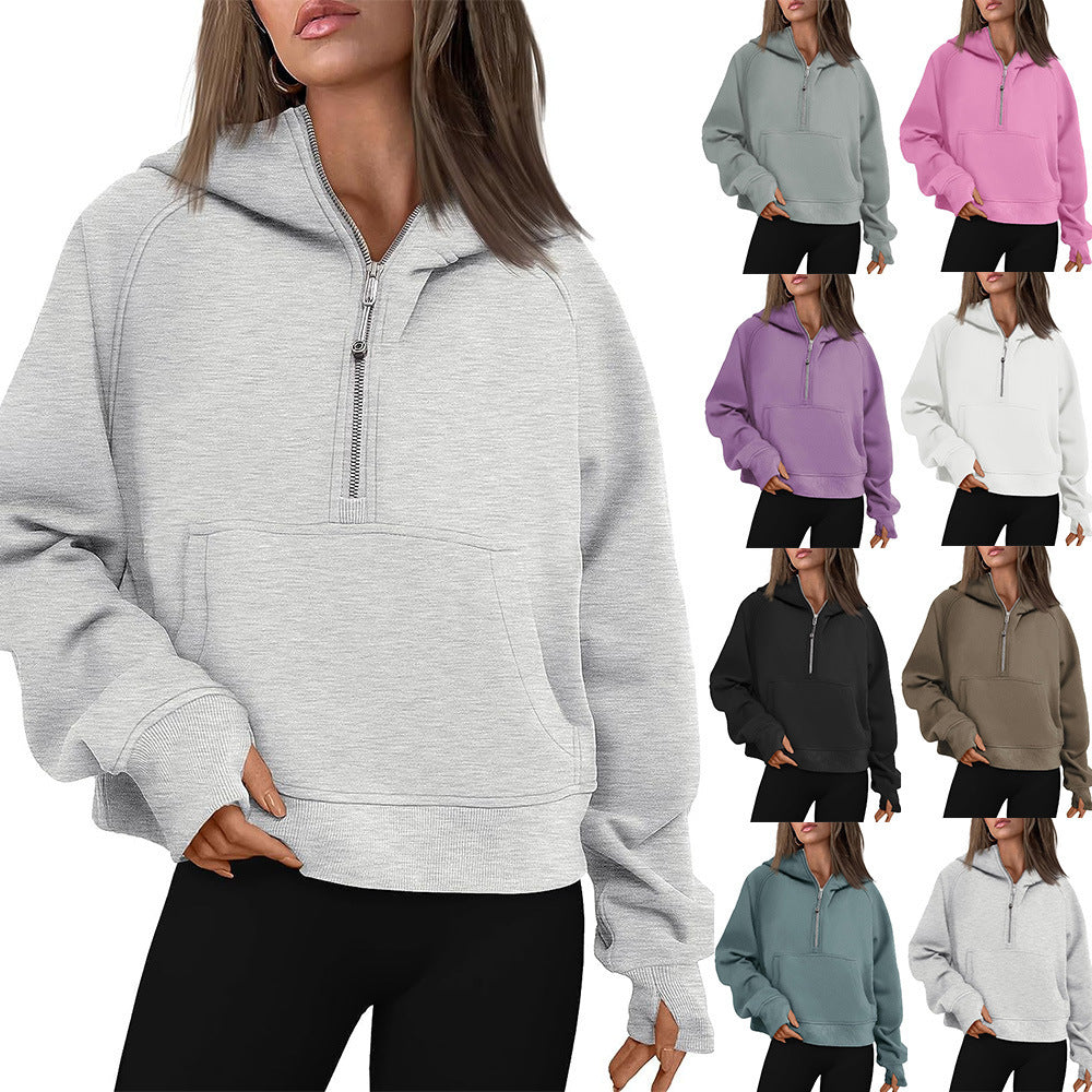 Cropped half-zip hoodie with front pocket and thumbholes in light gray, with the other color options shown in the corner