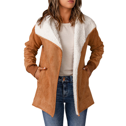 Suede-look open-front coat with sherpa-lined lapel in caramel, front view