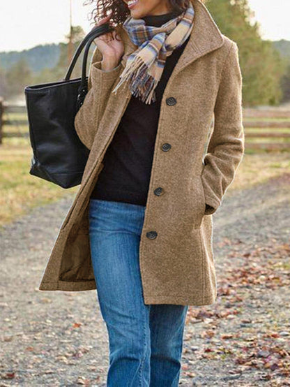 Mid-length single-breasted lapel coat in camel, front view