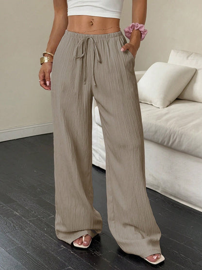 Drawstring wide-leg pants with a textured finish in mushroom, front view