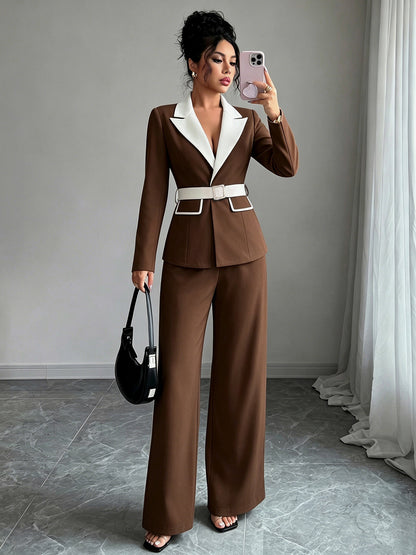 Brown long-sleeve belted blazer with white lapel and matching wide-leg pants