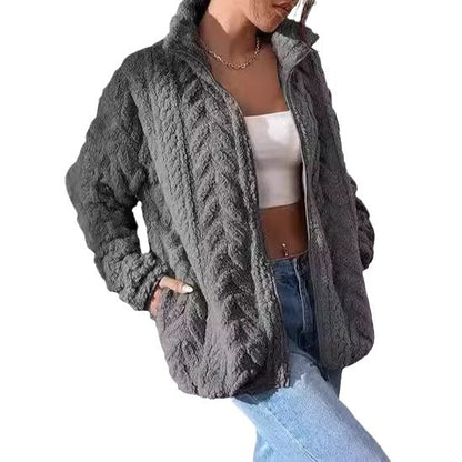 Textured cable-pattern fleece zip-up jacket with stand collar in charcoal gray