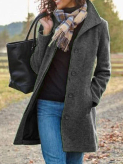 Mid-length single-breasted lapel coat in charcoal, front view