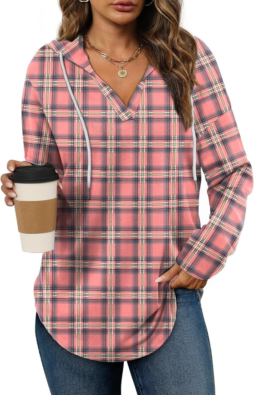 Plaid V-neck hooded long-sleeve top with drawstring in salmon pink
