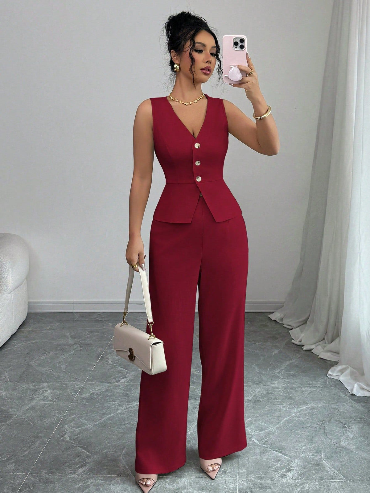Open sleeveless button-front vest top and wide-leg pants set in burgundy, front view