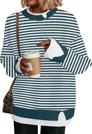 Double-layer crewneck sweater in teal and white stripe with striped layered cuffs and hem, front view