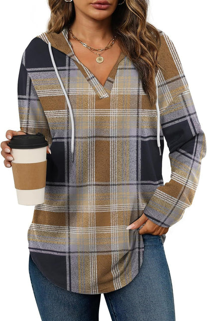 Plaid V-neck hooded long-sleeve top with drawstring in tan and navy