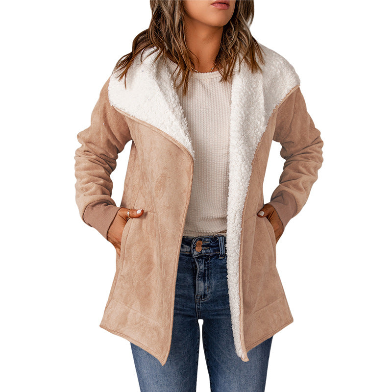 Suede-look open-front coat with sherpa-lined lapel in tan, front view