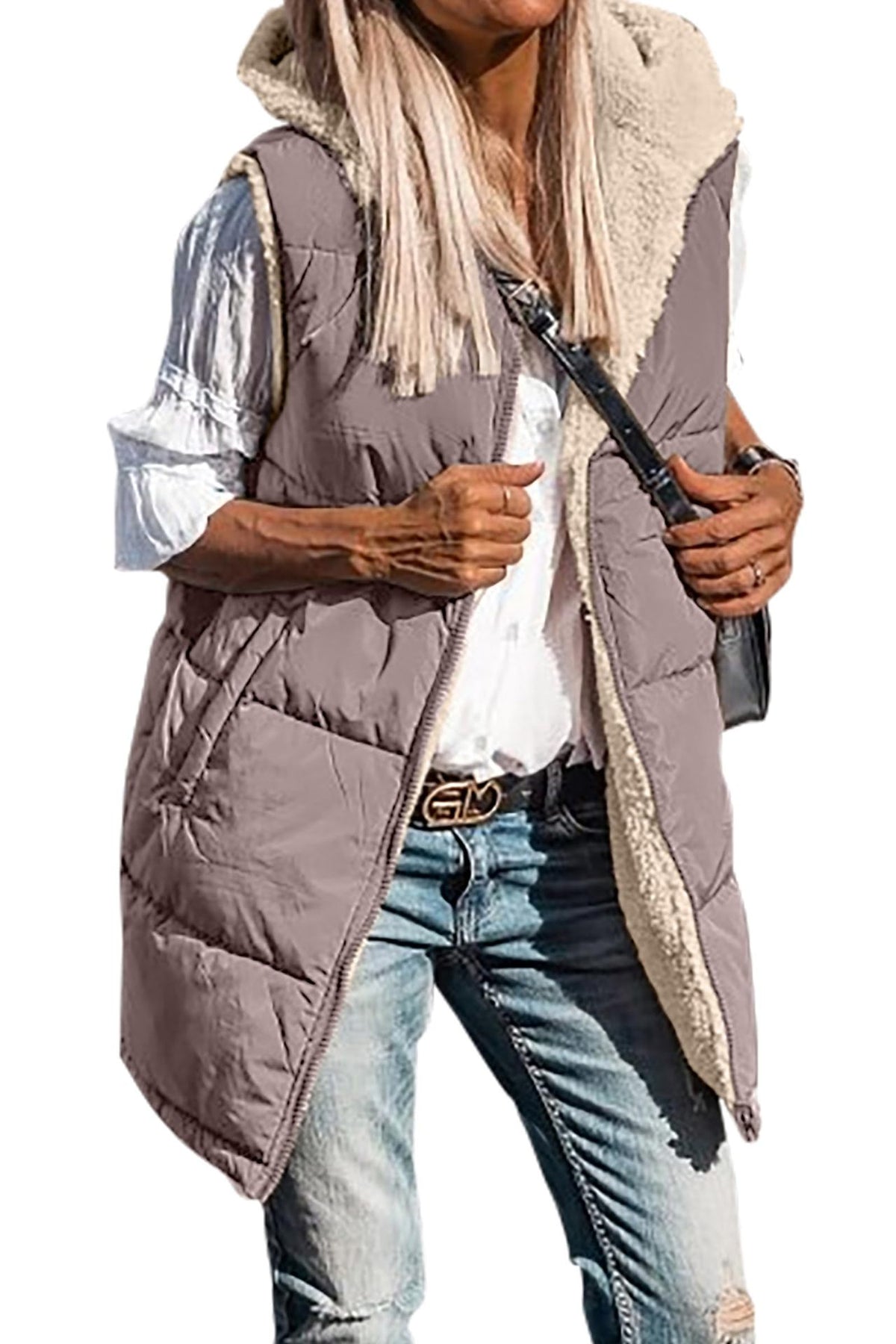 Long quilted hooded vest with soft sherpa lining in mauve taupe