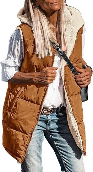 Long quilted hooded vest with soft sherpa lining in rust