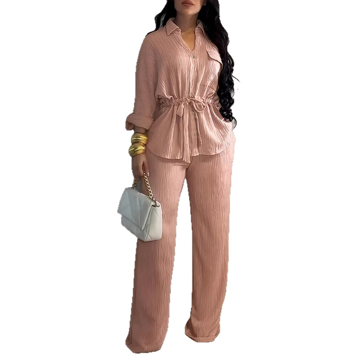 Blush pink lapel collar belted shirt and wide-leg pants set on a white background