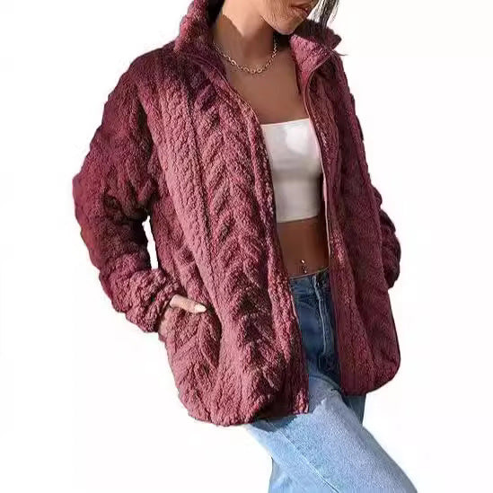 Textured cable-pattern fleece zip-up jacket with stand collar in wine