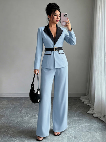 Light blue long-sleeve belted blazer with navy lapel and matching wide-leg pants