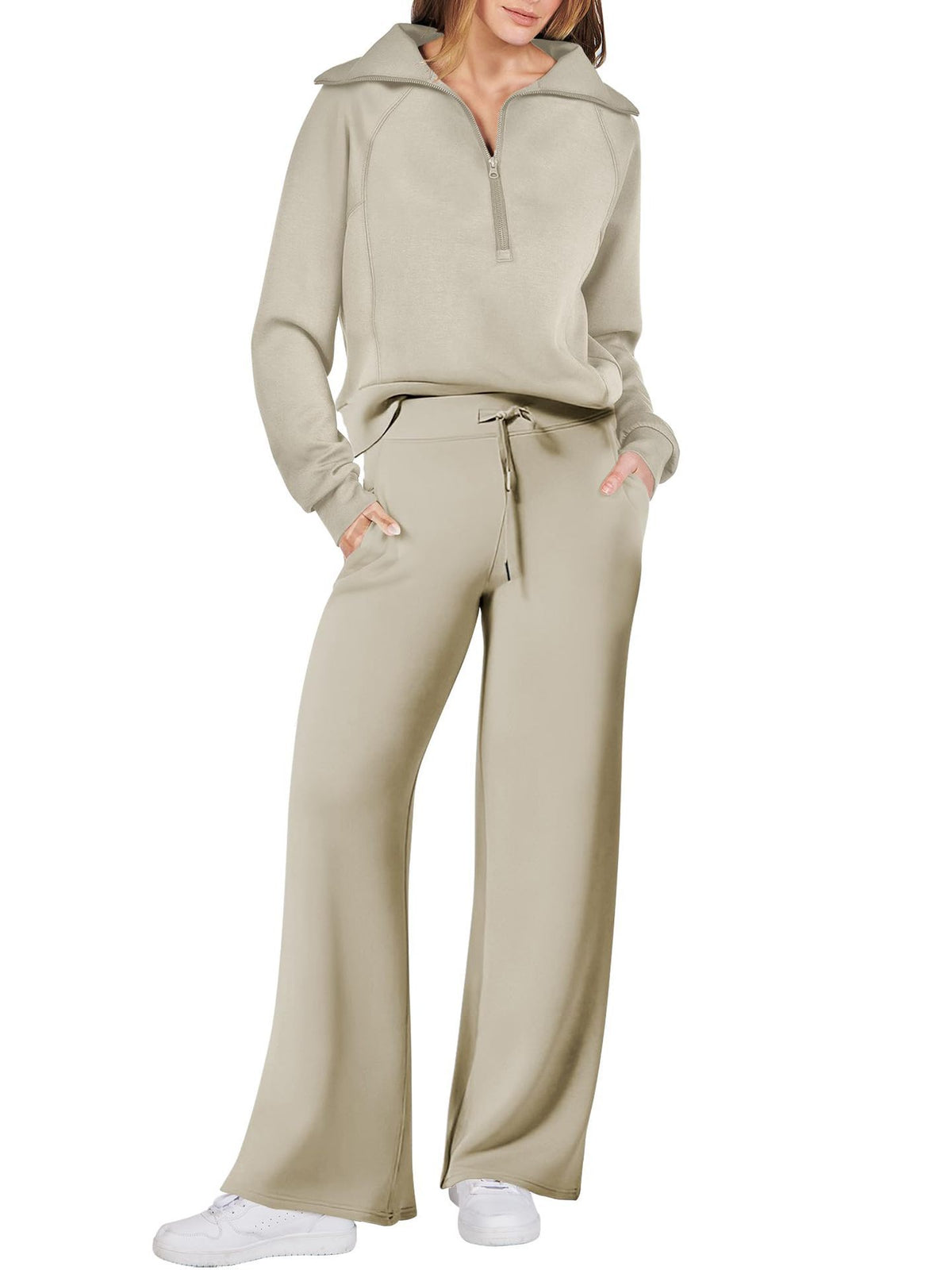Harlow half-zip pullover and wide-leg pants lounge set in khaki