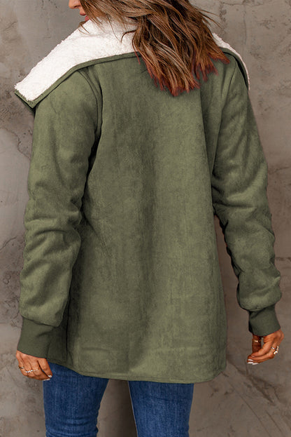 Suede-look open-front coat with sherpa-lined lapel in olive green, back view